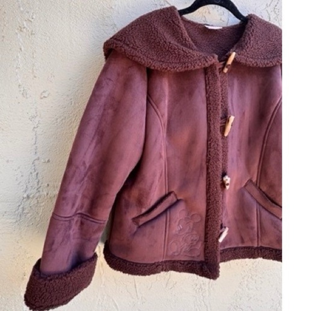 Disney Womens Brown Faux Suede Mickey Sherpa Jacket LARGE Embroidered Cozy - Picture 4 of 9